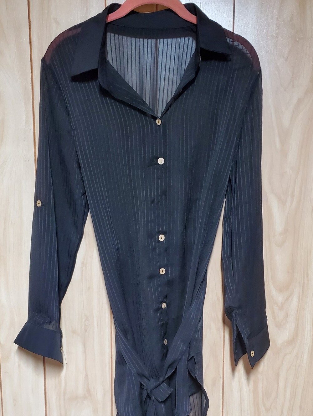 NEW SWIM SUIT COVER UP. SHEAR WITH LIGHT PINSTRIPES BUTTON DOWN WITH LONG SLEEVE